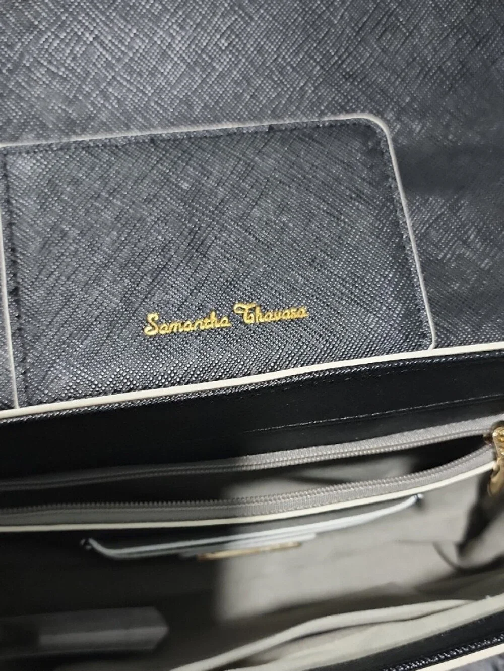 Samantha Thavasa Black Crossbody Bag with White Trim and Gold Hardware